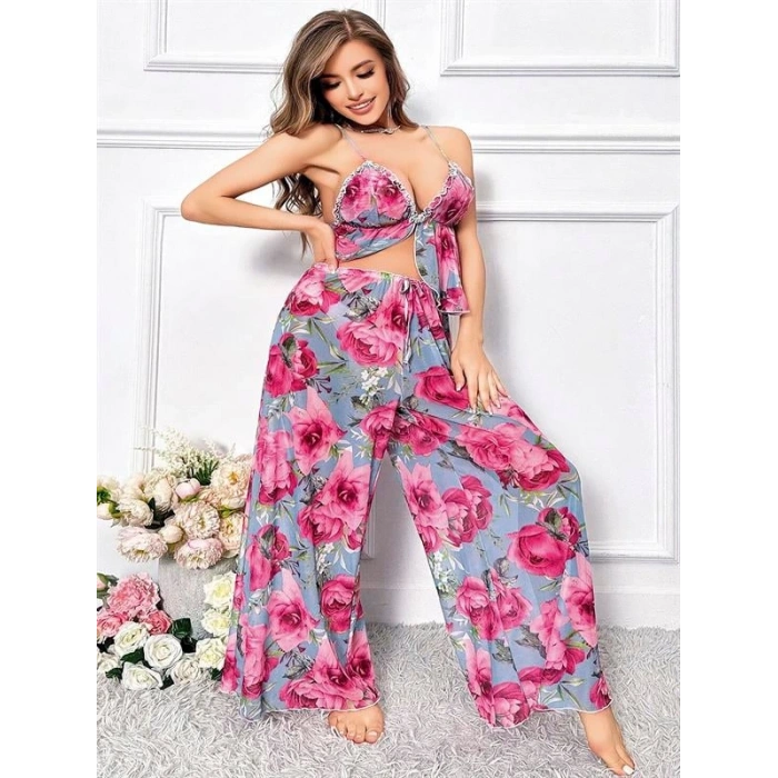 Arias Closet Özel Tasarım Büyük Beden Kırmızı Çiçek Desenli Bol Kesim 2li Pijama Takımı