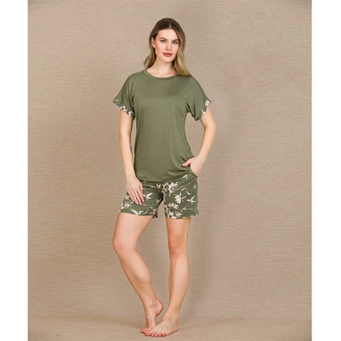 Arias Closet Şık Tasarım Çiçek Desenli Yeşil Şortlu Kısa Kol Viskon Pijama Takımı