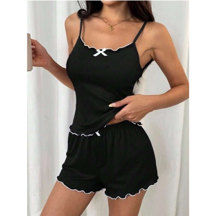 Arias Closet Siyah Beyaz Kurdelalı Askılı Şortlu Pijama Takımı