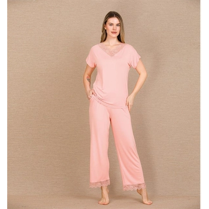 Arias Closet Viskon Şık Tasarım Dantel İşlemeli Açık Pembe Kısa Kol Pijama Takımı