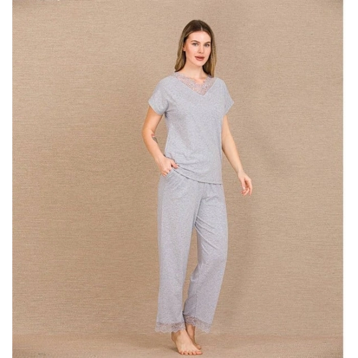 Arias Closet Viskon Şık Tasarım Dantel İşlemeli Gri Kısa Kol Pijama Takımı