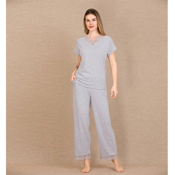 Arias Closet Viskon Şık Tasarım Dantel İşlemeli Gri Kısa Kol Pijama Takımı