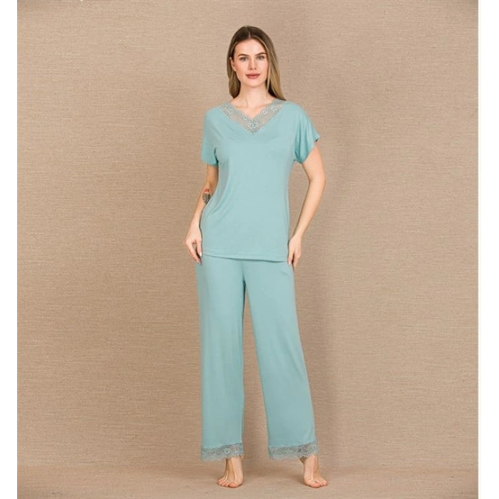 Arias Closet Viskon Şık Tasarım Dantel İşlemeli Mint Yeşil Kısa Kol Pijama Takımı