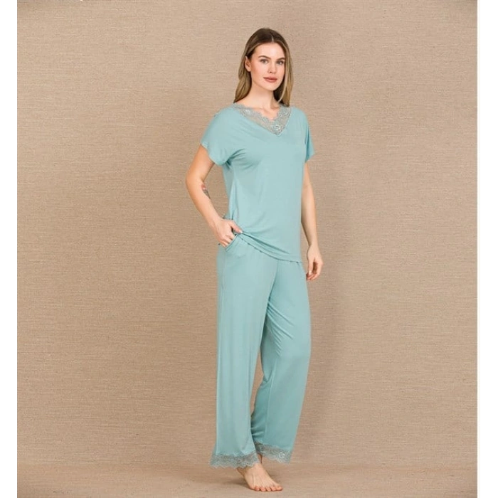 Arias Closet Viskon Şık Tasarım Dantel İşlemeli Mint Yeşil Kısa Kol Pijama Takımı