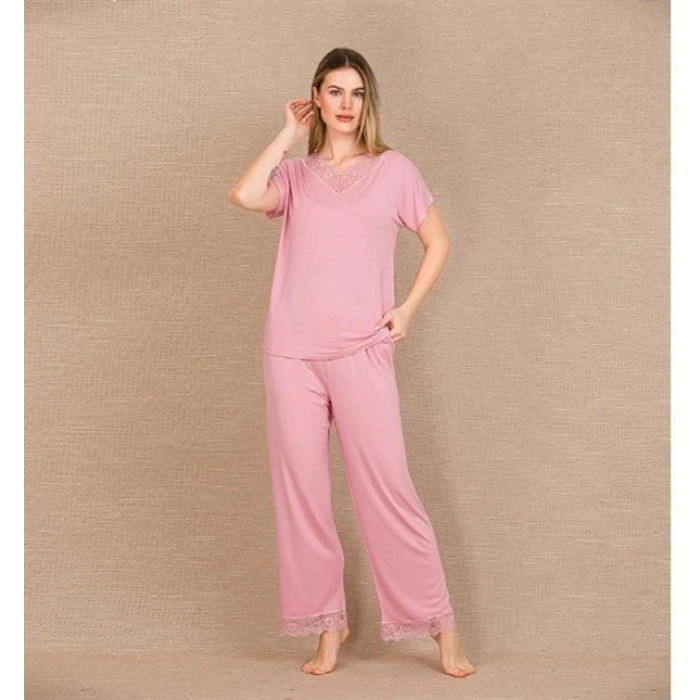 Arias Closet Viskon Şık Tasarım Dantel İşlemeli Pembe Kısa Kol Pijama Takımı