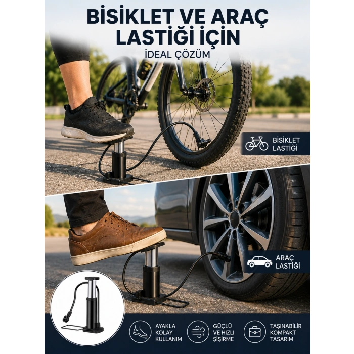 Ayakla Kullanılan Hava Pompası Araç ve Bisiklet İçin Uygun