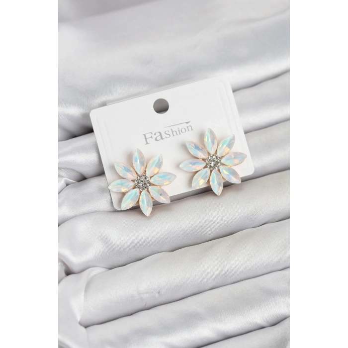 Beyaz Renk Kristal Taşlı Lotus Çiçek Model Kadın Küpe