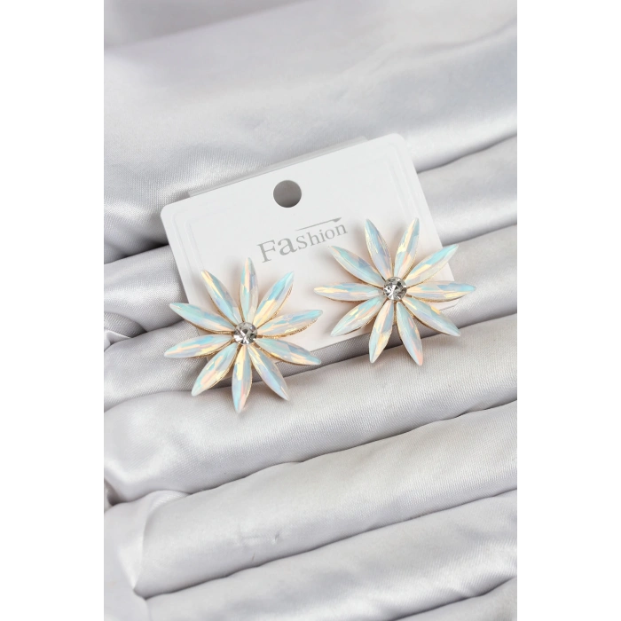 Beyaz Renk Kristal Taşlı Lotus Model Kadın Küpe