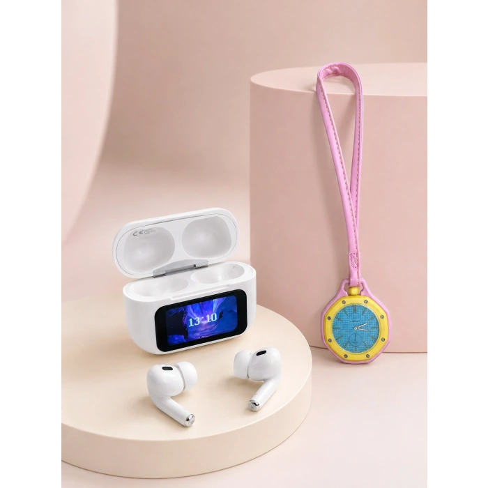 Bluetooth 5.4 Kablosuz Kulaklık Pembe Askılı Analog Charm Saat İkili Set