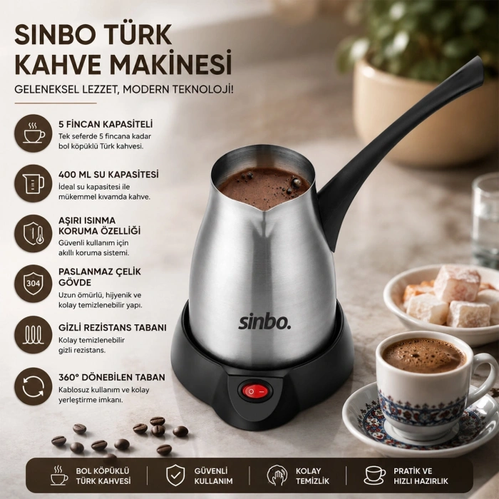 ÇELİK ELEKTRİKLİ CEZVE TÜRK KAHVE MAKİNESİ - 5FİNCAN=400ML 360° KABLOSUZ KULLANIM KATLANIR KULP 700W SCM-2967 (5047)