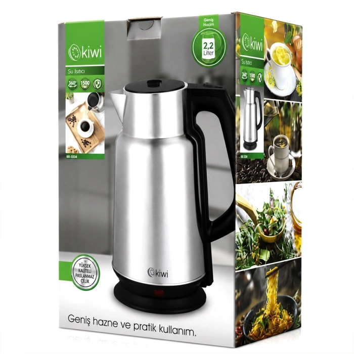 ÇELİK - SÜRAHİ MODEL KETTLE ELEKTRİKLİ SU ISITICISI PASLANMAZ ÇELİK GİZLİ REZİSTANS 360° 2.2LT 1500W KK-3334 (5047)