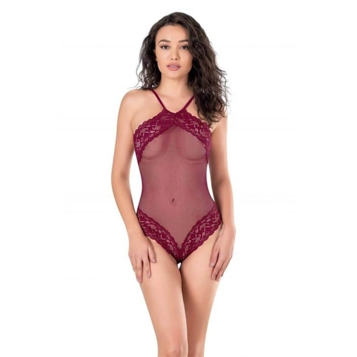 Dantel İşlemeli Bordo File Tül Bodysuit