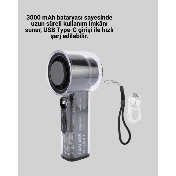 Dijital Ekranlı Şarjlı Mini Fan 100 Kademeli Hız Ayarı