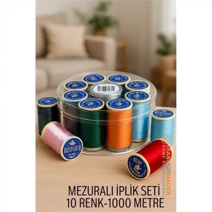 Dikiş İpliği Seti - 10 Renk 1000 Mt Kutulu Mezuralı Dikiş Seti 722075