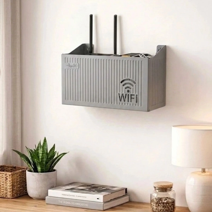 Duvar Tipi Wi-Fi Modem Saklama Kutusu(Gri) – Kablo Düzenleyici Router Raf Organizer (5047)