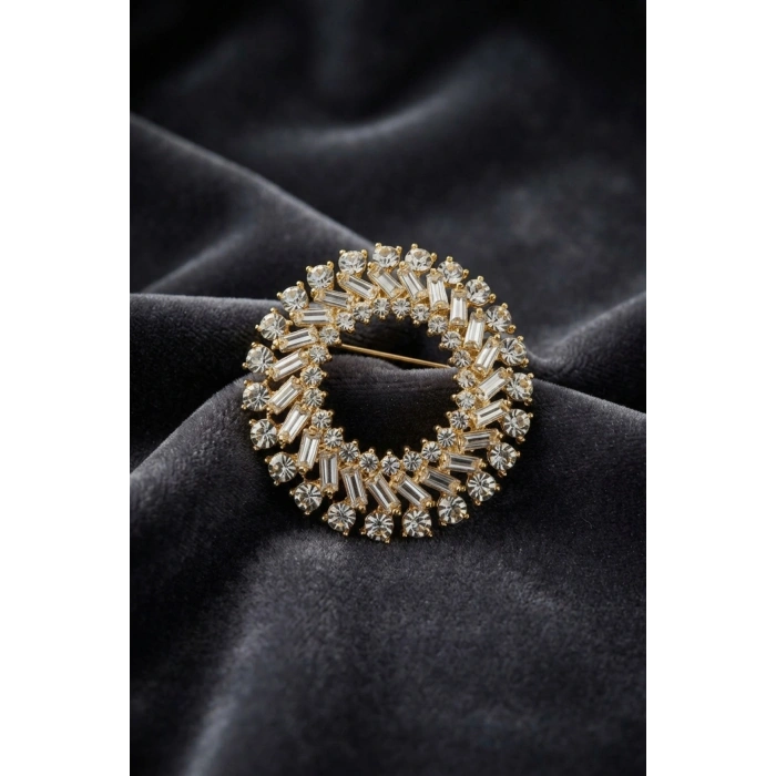 Gold Renk Zirkon Taşlı Halka Model Broş