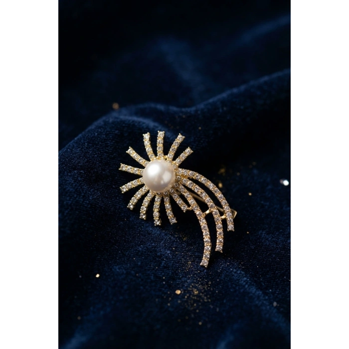 Gold Renk Zirkon Taşlı Halley Model Broş