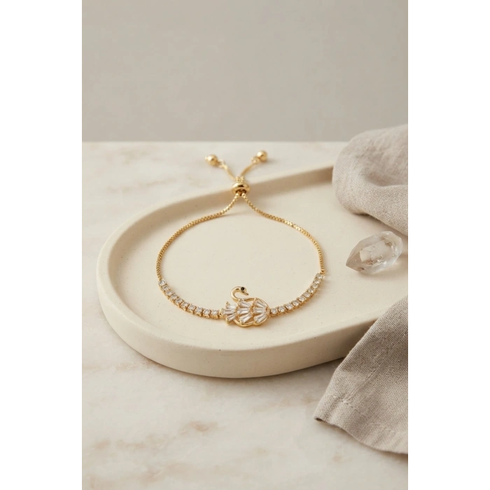 Gold Renk Zirkon Taşlı Pirinç Kuğu Model Asansörlü Bileklik