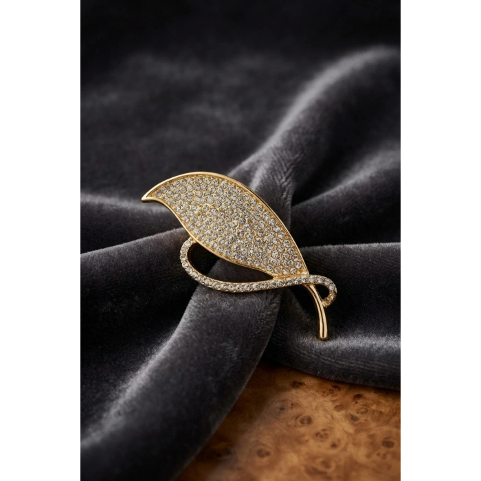 Gold Renk Zirkon Taşlı Yaprak Model Broş