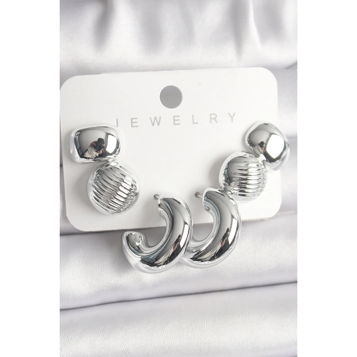 Gümüş Renk İşlemeli Daire Halka Model CCB Platik Kadın Küpe Seti