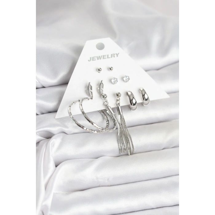 Gümüş Renk Pirinç 6 Çiftli Kadın Küpe Seti