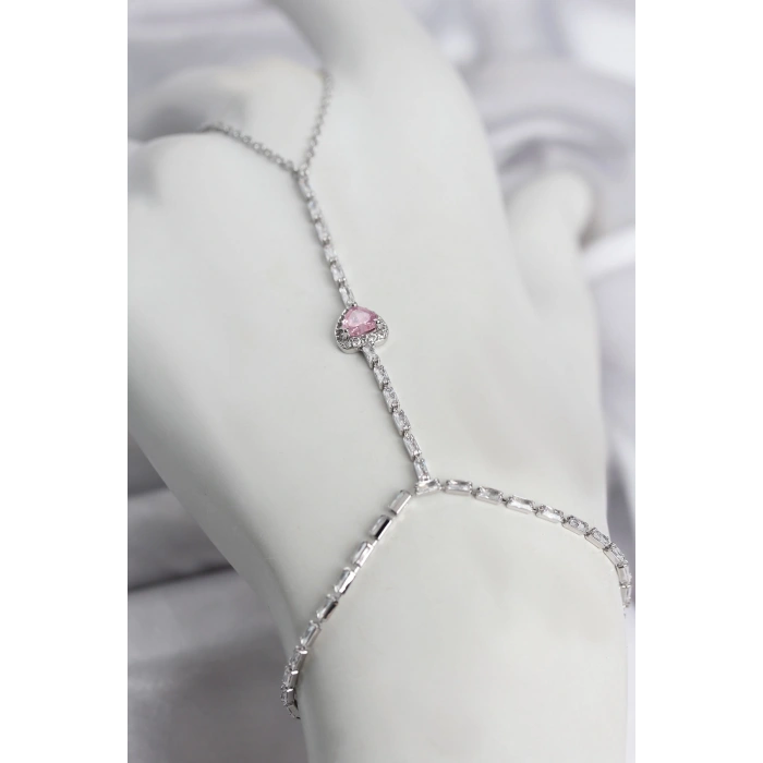 Gümüş Renk Pirinç Zirkon Taşlı Pembe Kalp Model Şahmeran