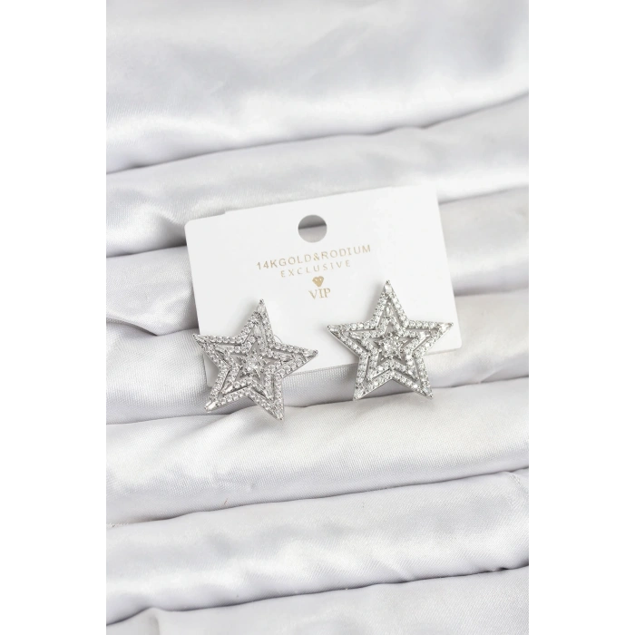 Gümüş Renk Pirinç Zirkon Taşlı Yıldız Model Kadın Küpe