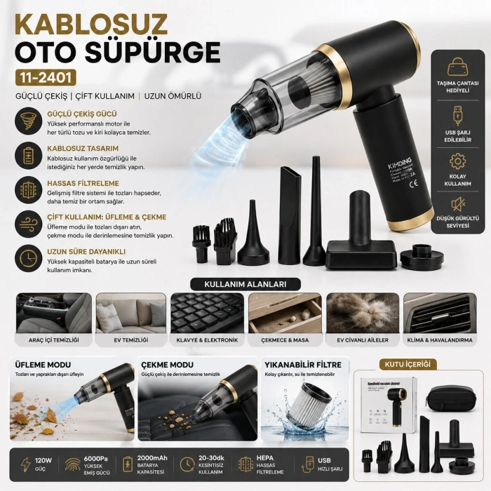 HANDHELD VACUUM CLEANER 2İN1=ÇEKME - ÜFLEME OTO - ARAÇ - EV EL TİPİ SÜPÜRGE ŞARJLI MİNİ - TAŞINABİLİR KH-128 (5047)