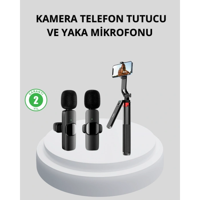 Kablosuz Çift Yaka Mikrofonu ve Tripodlu Selfie Çubuğu İçerik Üretici Seti