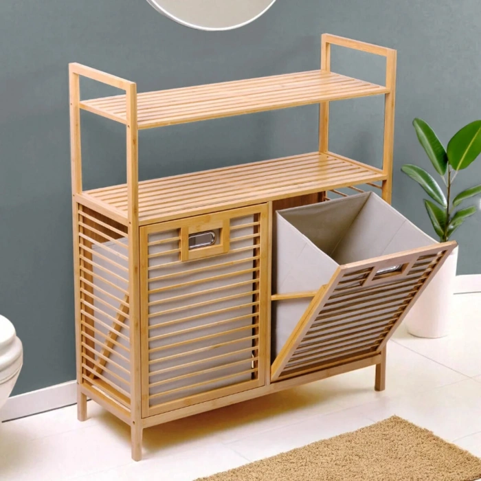 KİRLİ 2 KAT ORGANİZER RAFLI - 2 BÖLMELİ ÖNDEN ÇEK AÇ KALIN AHŞAP BAMBU KİRLİ ÇAMAŞIR SEPETİ 80X33X87CM (5047)