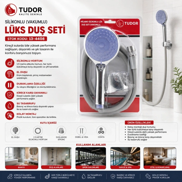 MİLANO VAKUMLU - SİLİKON LÜKS DUŞ SETİ DUŞ BAŞLIK=MİX SİLİKON HORTUM=1.5MT MAFSAL=3 KADEME (5047)