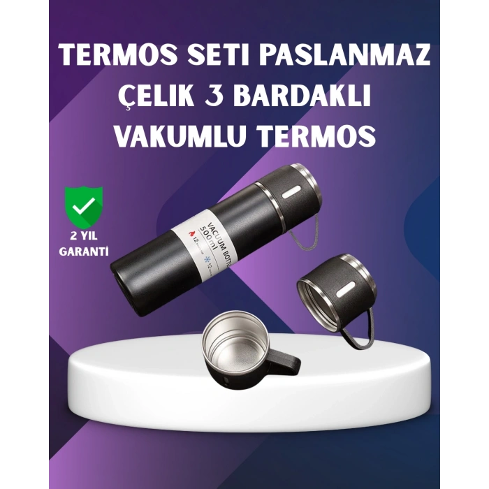 Paslanmaz Termos ve İkili Bardak Seti | 6-12 Saat Sıcak/Soğuk Tutma