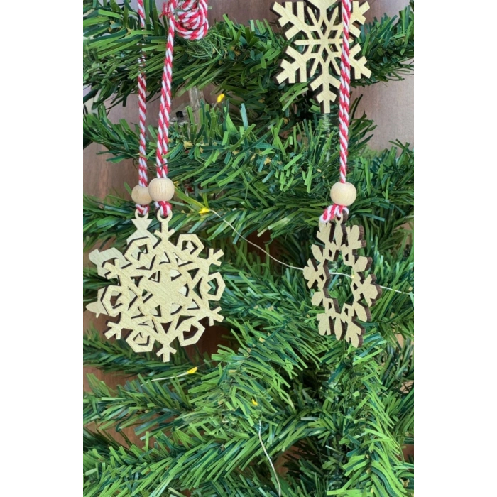 Pilli Peri Ledli 6 Parça Kırmızı Beyaz İpli Kar Tanesi Model Ahşap Yılbaşı Ağaç Süsü (5047)