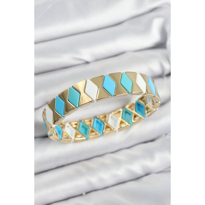 Pirinç Baklava Desenli Mavi Beyaz Gold Renk Lastikli Kadın Bileklik