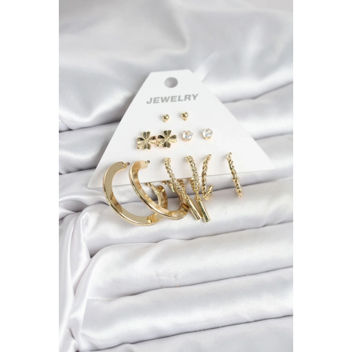 Pirinç Gold Renk 6 Çift Kadın Küpe Seti