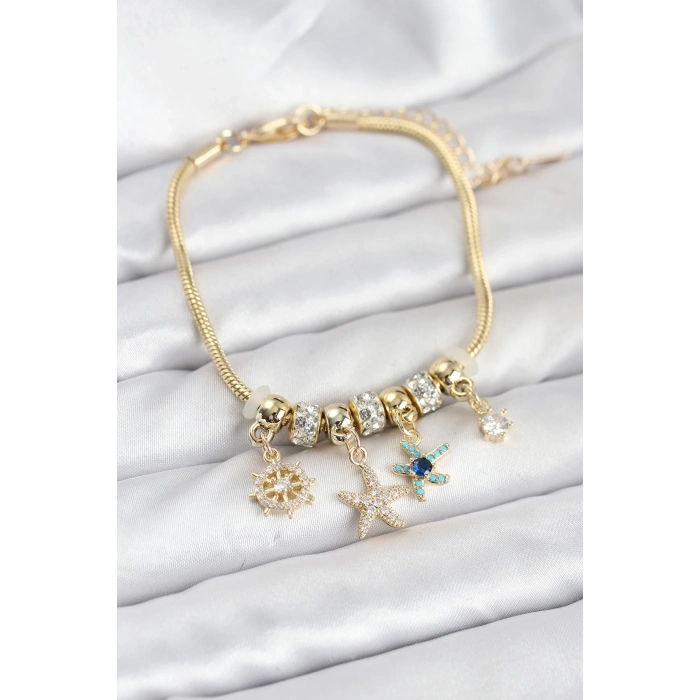 Pirinç Gold Renk Deniz Tema Charmlı Kadın Bileklik