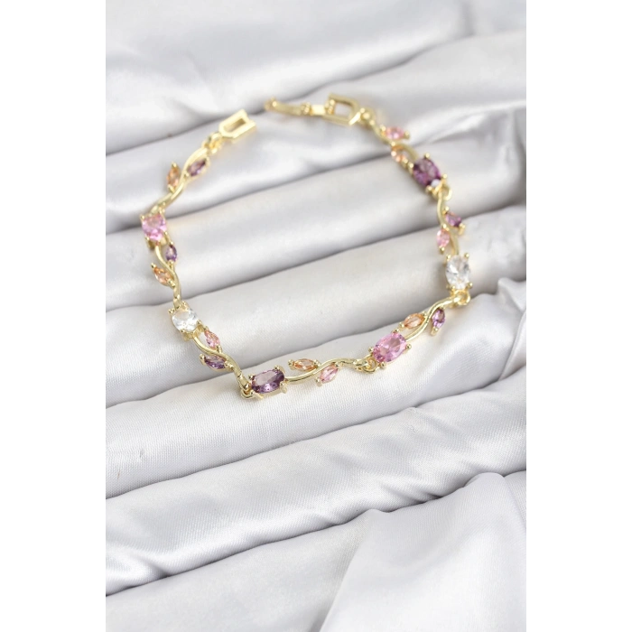 Pirinç Gold Renk Pembe ve Mor Zirkon Taşlı Çiçek Model Kadın Bileklik