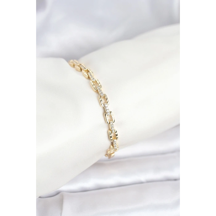 Pirinç Gold Renk VIP Seri Zincir Model Zirkon Taşlı Kadın Bileklik