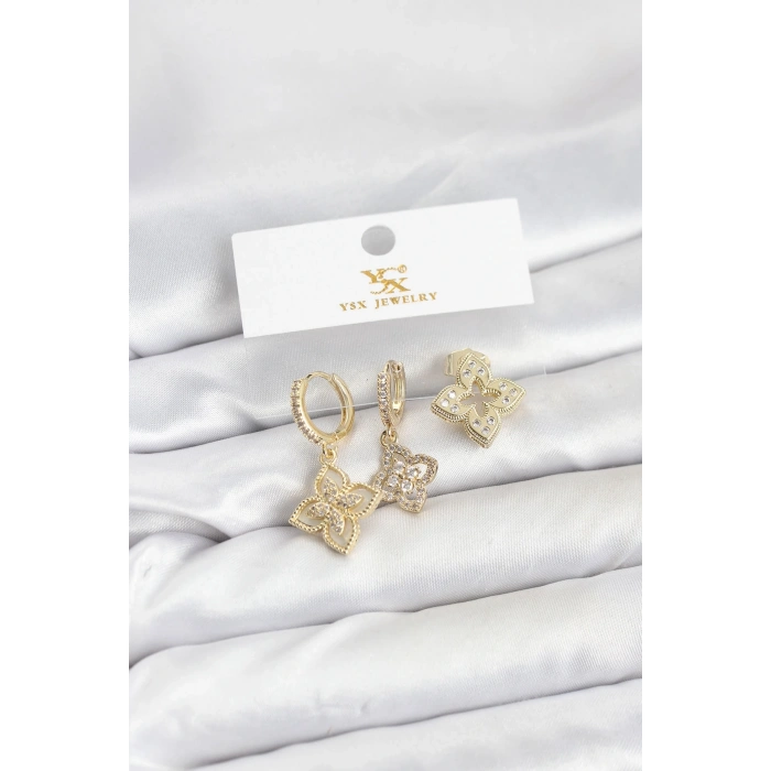 Pirinç Gold Renk Yonca Model YSX Trio Küpe Seti