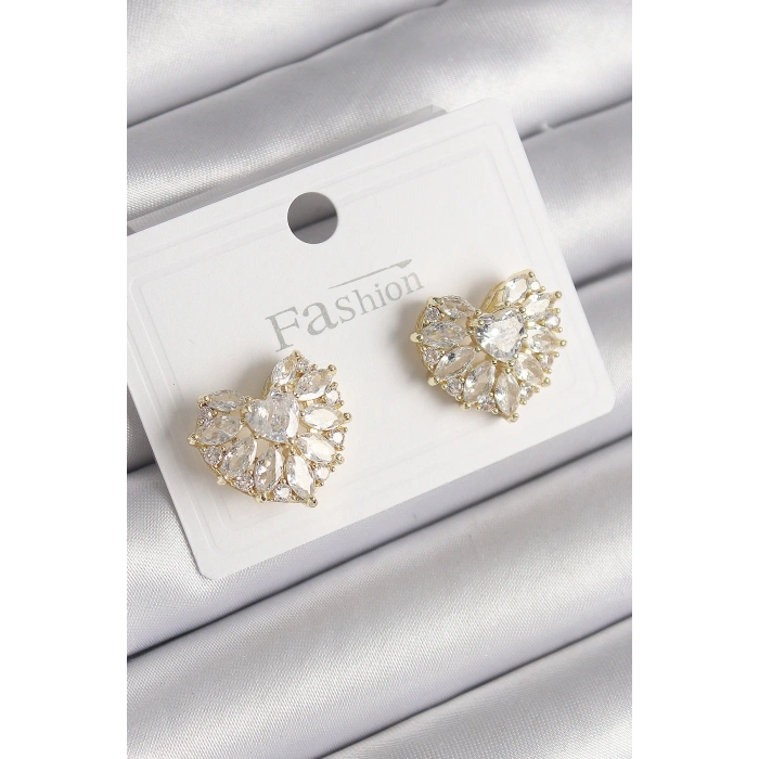 Pirinç Gold Renk Zirkon Taşlı Kalp Model Kadın Küpe