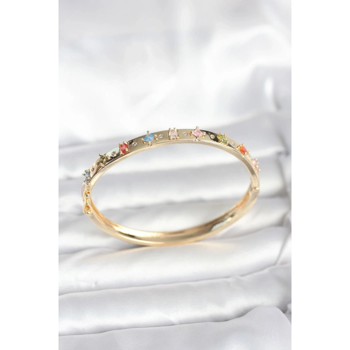 Pirinç Gold Renk Zirkon Taşlı Kelepçe Bileklik