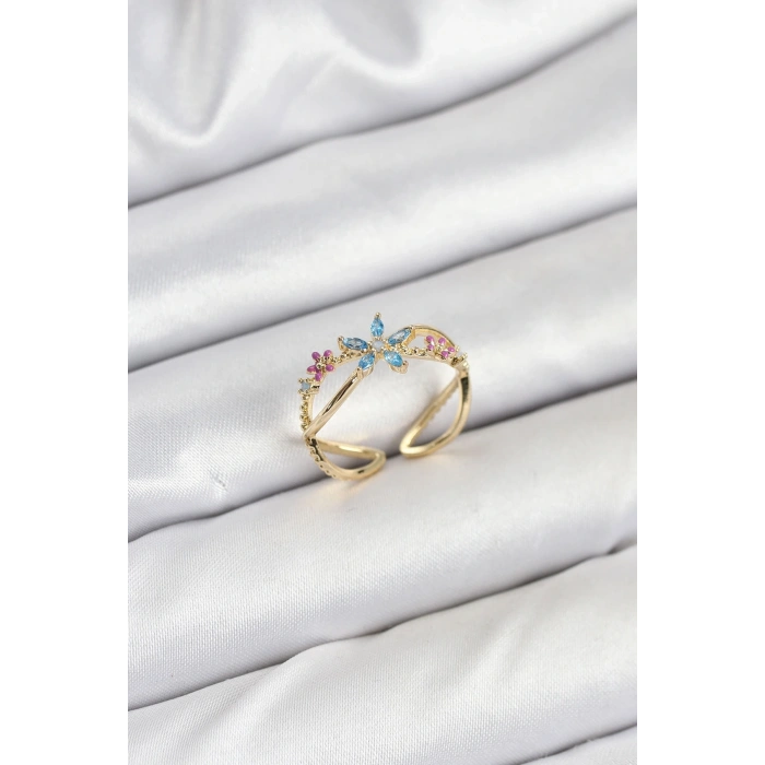 Pirinç Gold Renk Zirkon Taşlı Mavi Çiçekli Kadın Yüzük