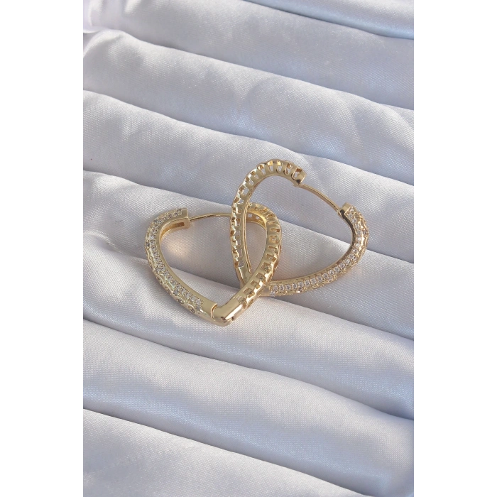Pirinç Gold Renk Zirkon Taşlı Motifli Kalp Küpe