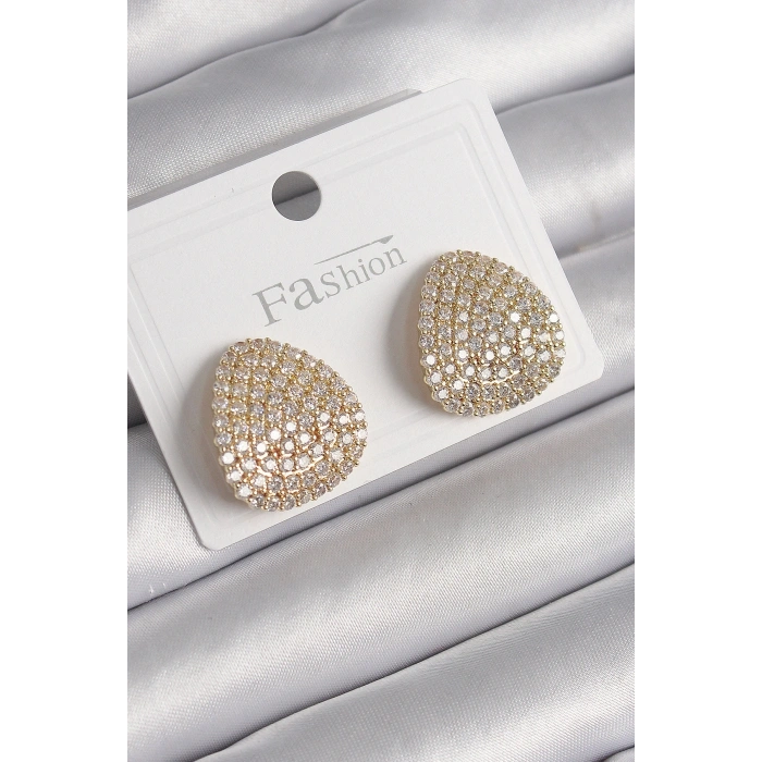 Pirinç Gold Renk Zirkon Taşlı Plaka Model Kadın Küpe