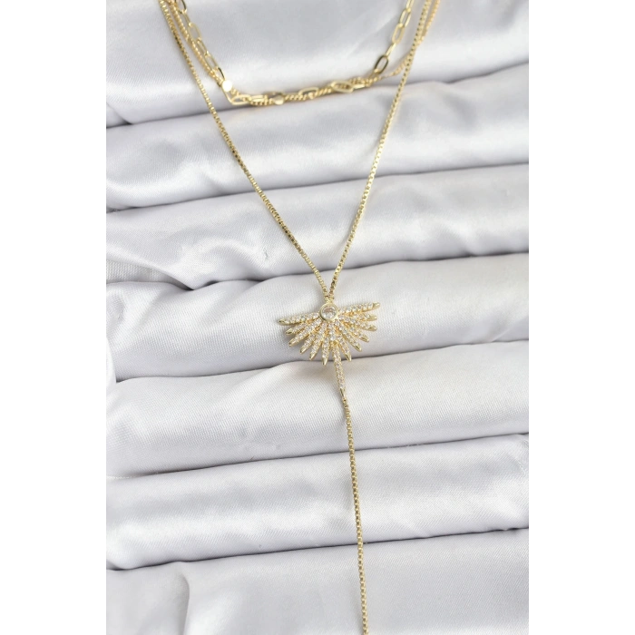 Pirinç Gold Renk Zirkon Taşlı Yelpaze Model Detaylı 3lü Kombin Y Kadın Kolye