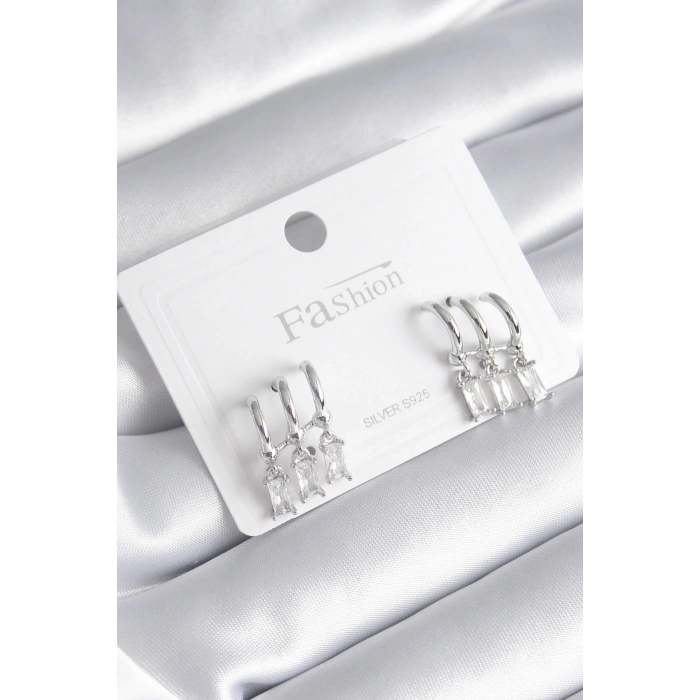 Pirinç Gümüş Renk 3lü Sallantı Zirkon Taşlı Küpe