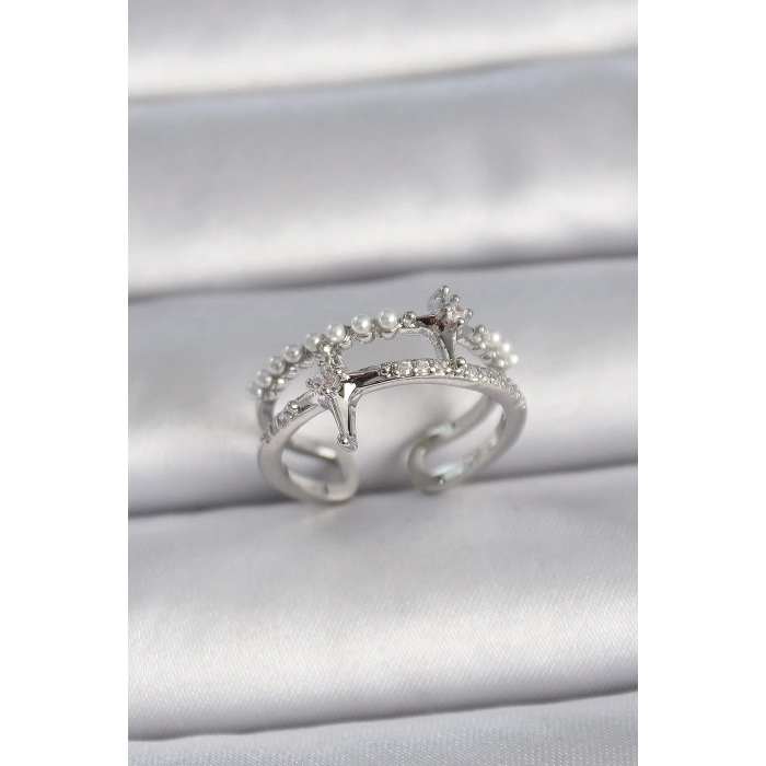 Pirinç Gümüş Renk Ayarlanabilir Zirkon Taşlı Kutup Yıldız İnci Detay Kadın Yüzük