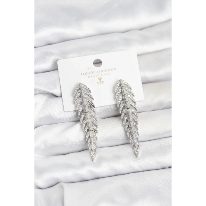 Pirinç Gümüş Renk Balık Sırtı Model Zirkon Taşlı Kadın Küpe