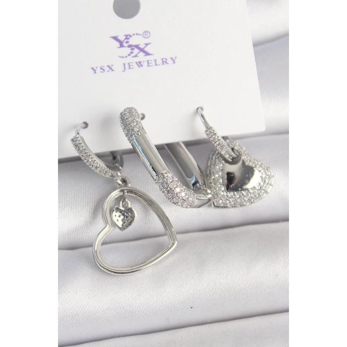 Pirinç Gümüş Renk Sallantı Zirkon Taşlı Kalp Model 3Lü Kadın Kombin Küpe