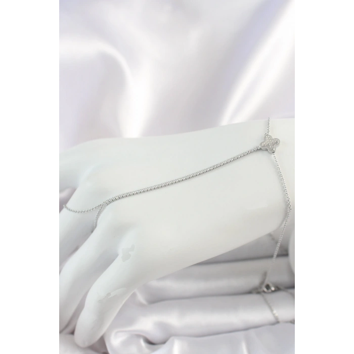 Pirinç Gümüş Renk Su Yolu Zirkon Taşlı İşlemeli Yonca Model Kadın Şahmeran